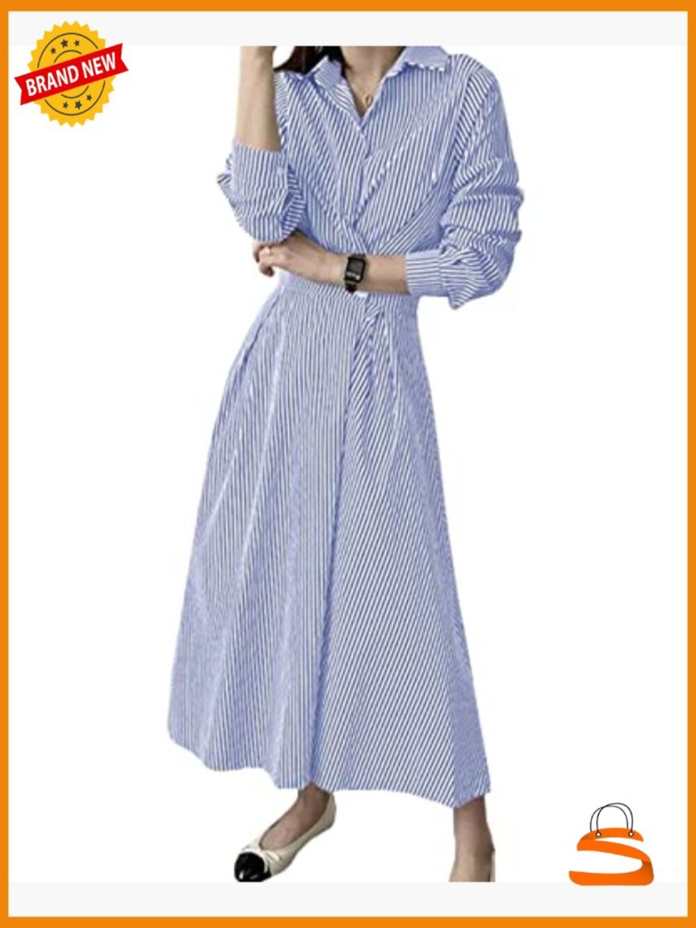 Elegant Striped Shirt Midi Dress Button Down Long Sleeve A-Line Wedding Guest - Picture 2 of 7
